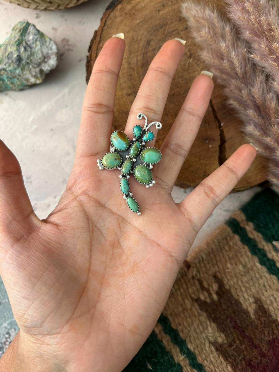 Handmade Sterling Silver Kingman Turquoise Dragonfly Adjustable Ring Signed Nizhoni
