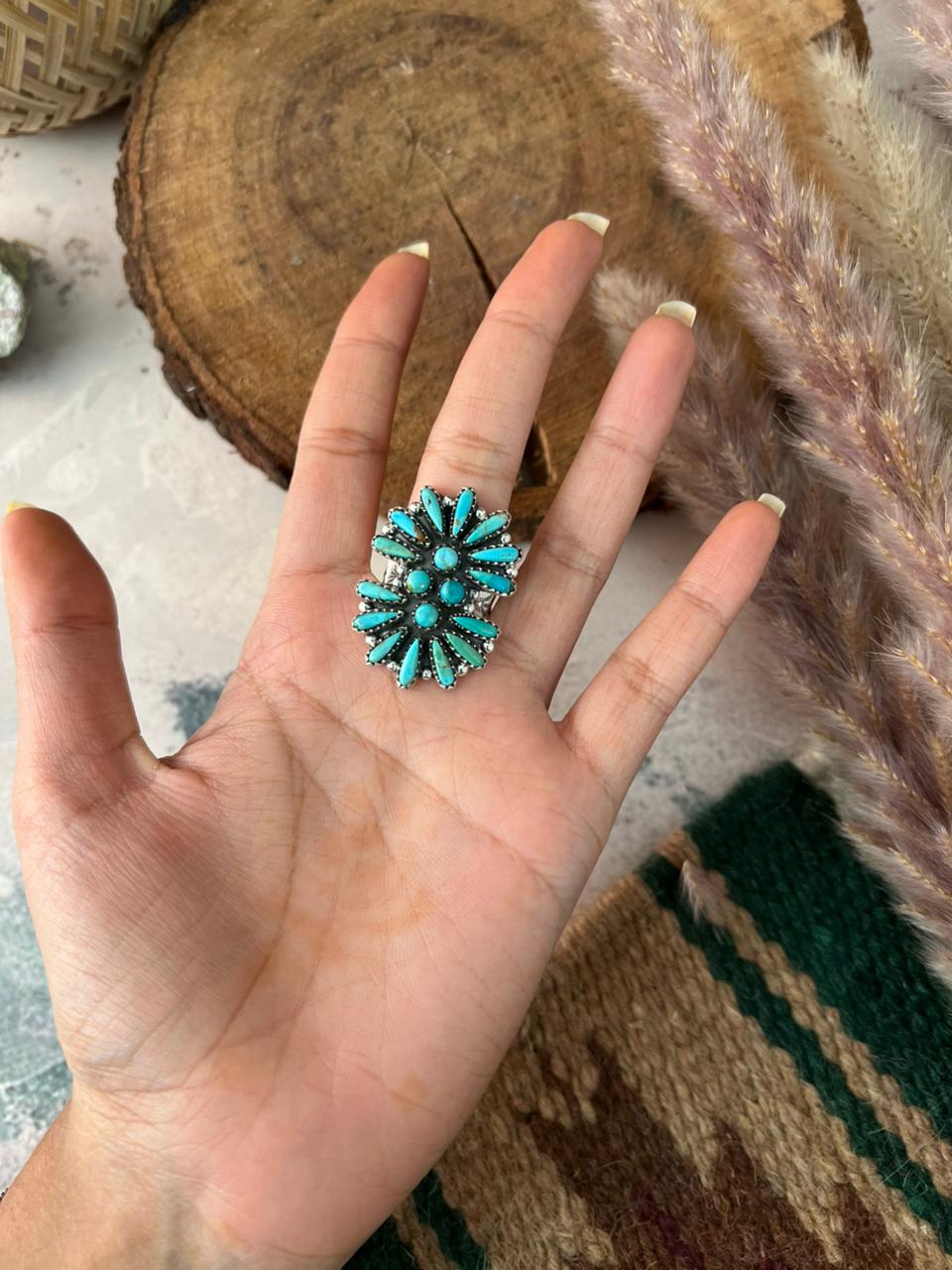 Handmade Sterling Silver Kingman Turquoise Adjustable Ring Signed Nizhoni
