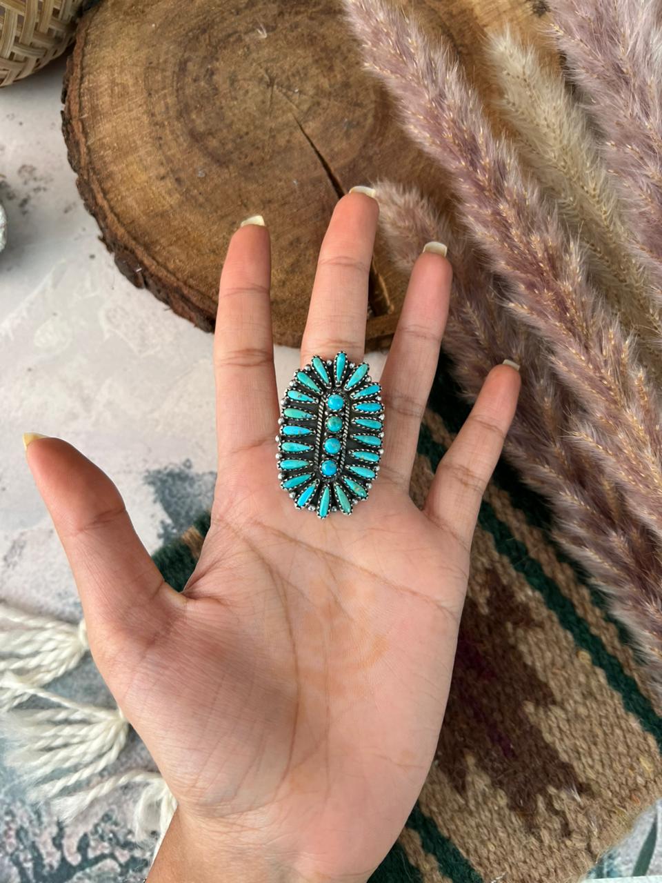 Handmade Sterling Silver Kingman Turquoise Adjustable Ring Signed Nizhoni