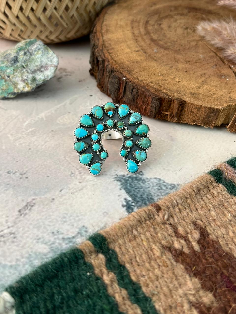 Handmade Sterling Silver Kingman Turquoise Adjustable Naja Ring Signed Nizhoni