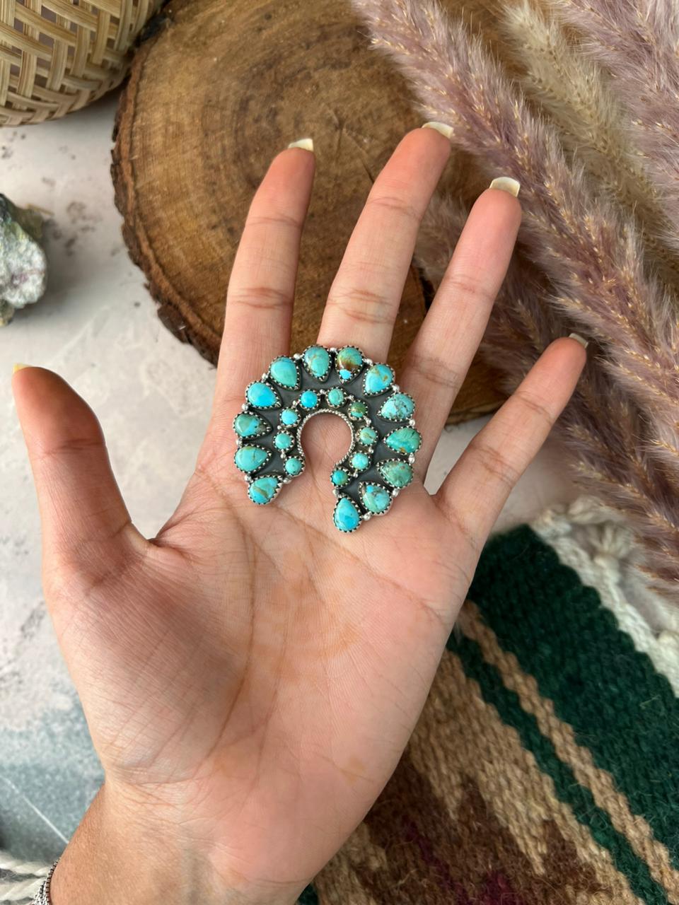 Handmade Sterling Silver Kingman Turquoise Adjustable Naja Ring Signed Nizhoni