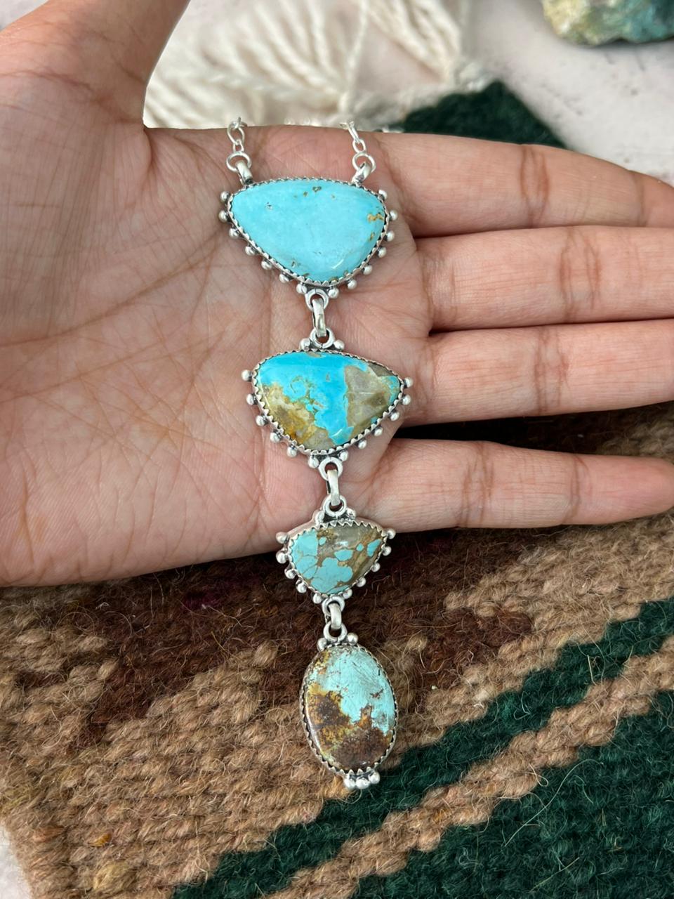 Handmade Sterling Silver Royston Ribbon Turquoise Drop Necklace Signed Nizhoni