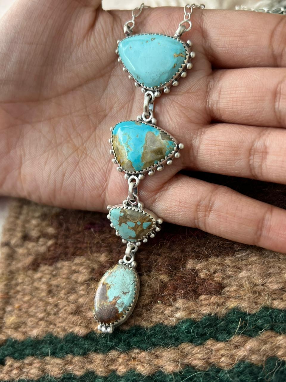 Handmade Sterling Silver Royston Ribbon Turquoise Drop Necklace Signed Nizhoni