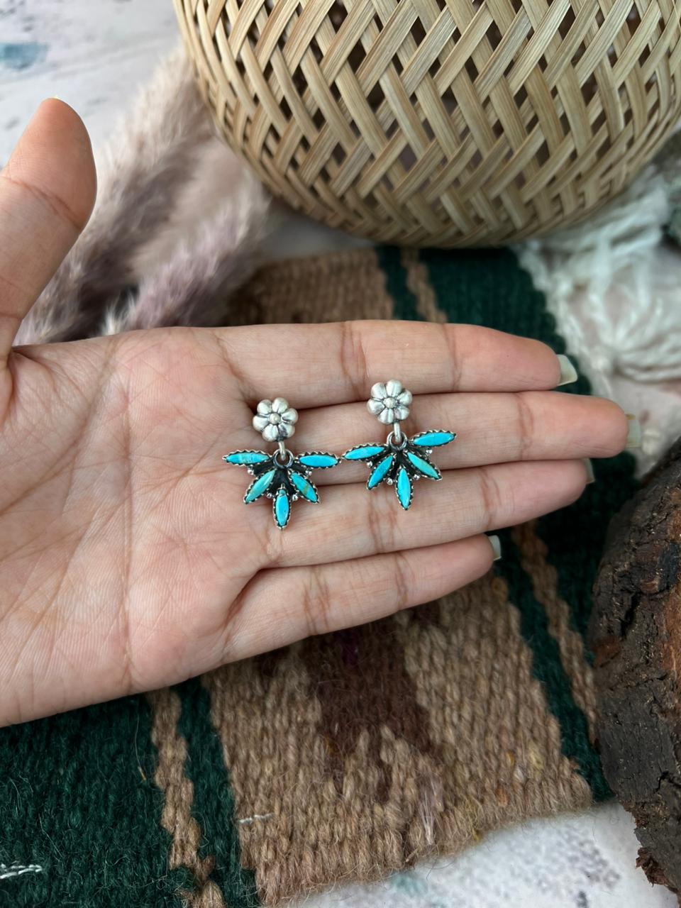 Handmade Sterling Silver Kingman Turquoise Post Dangle Earrings Signed Nizhoni