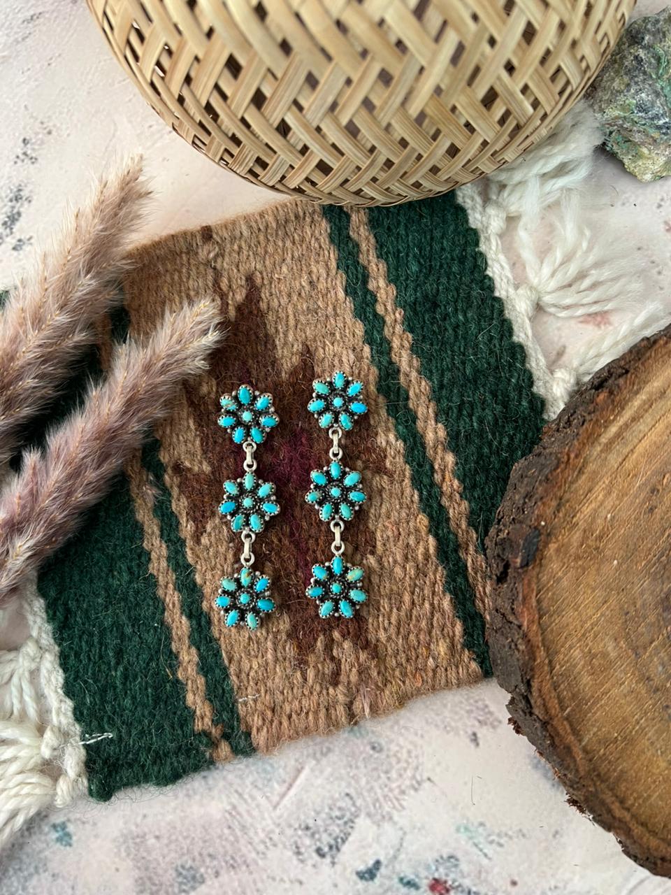 Handmade Sterling Silver Kingman Turquoise Post Dangle Earrings Signed Nizhoni