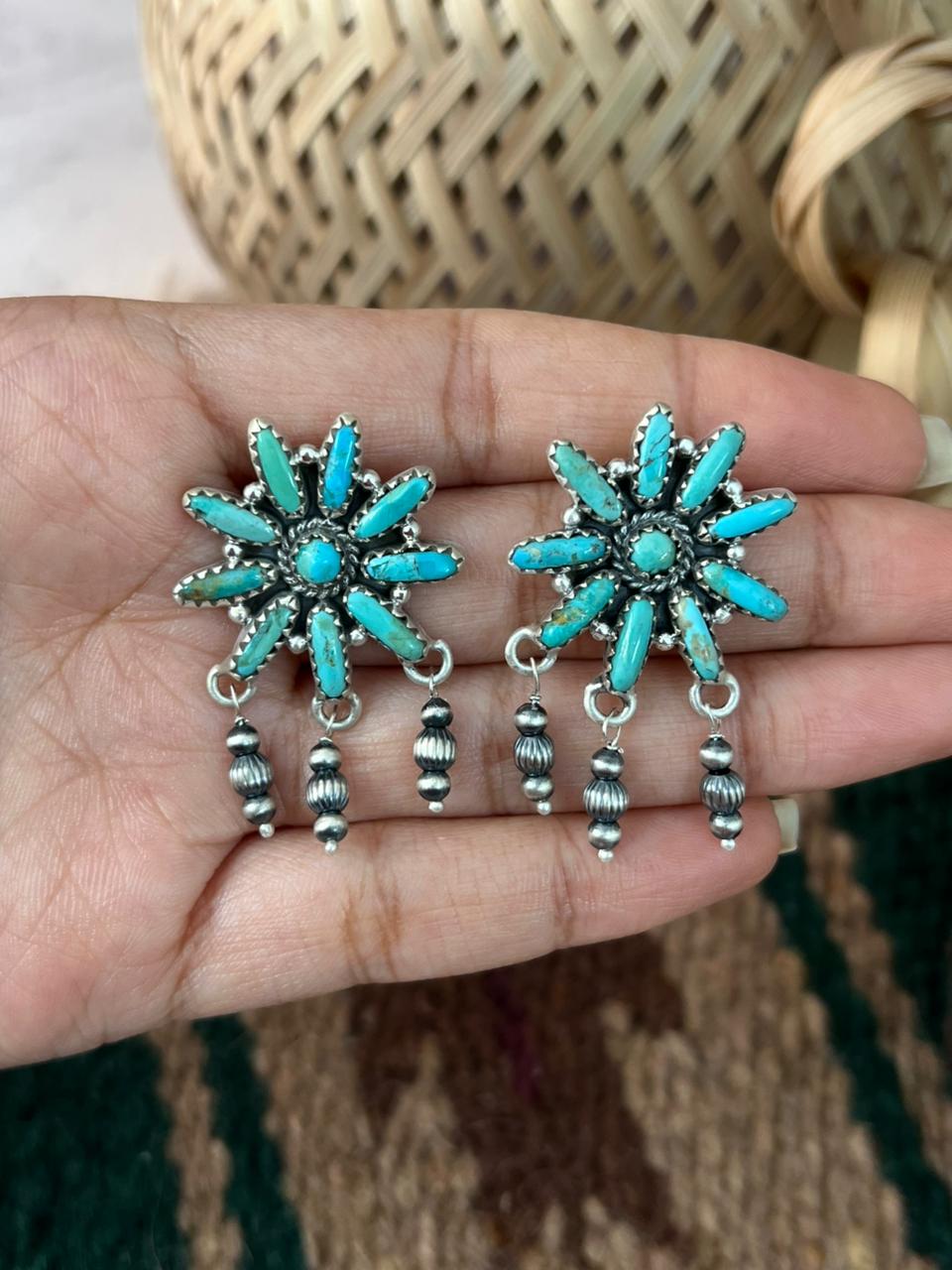 Handmade Sterling Silver Kingman Turquoise Beaded Post Dangle Earrings Signed Nizhoni