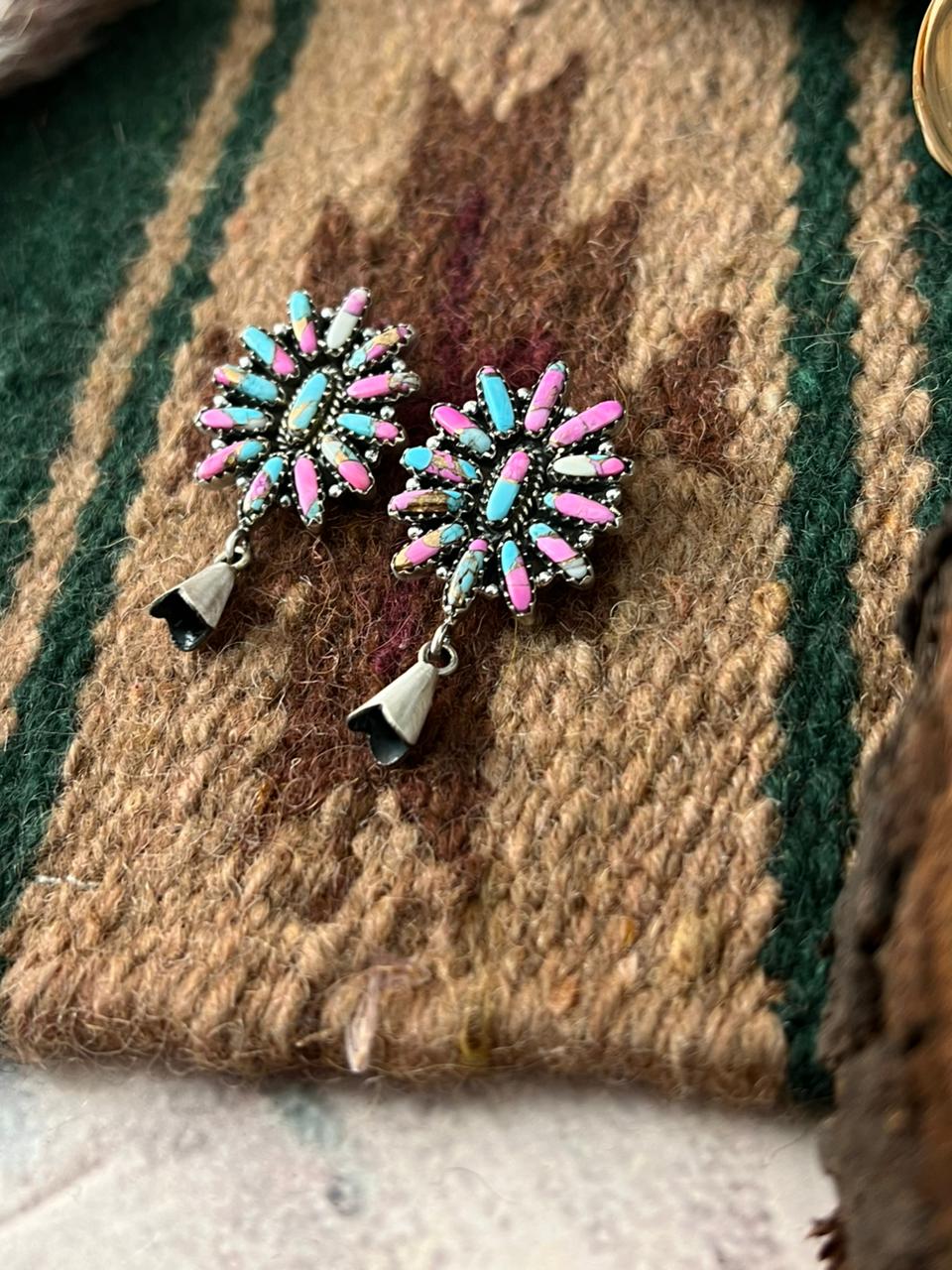 Handmade Sterling Silver Cotton Candy Squash Blossom Post Dangle Earrings Signed Nizhoni