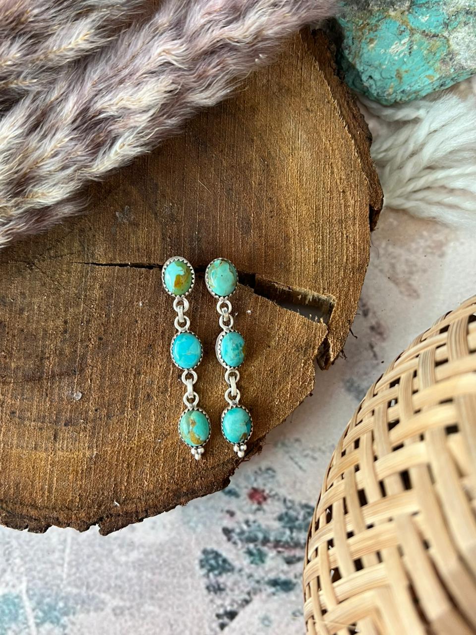 Handmade Sterling Silver Kingman Turquoise Post Dangle Earrings Signed Nizhoni (5)
