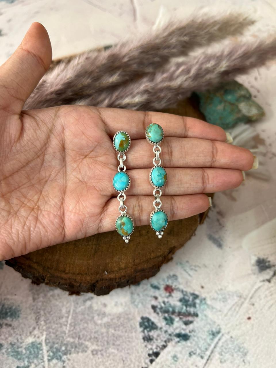 Handmade Sterling Silver Kingman Turquoise Post Dangle Earrings Signed Nizhoni (5)