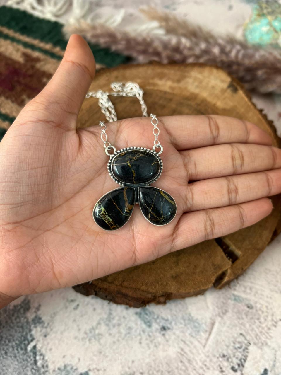 Handmade Sterling Silver Blackjack Turquoise Necklace Signed Nizhoni (1)