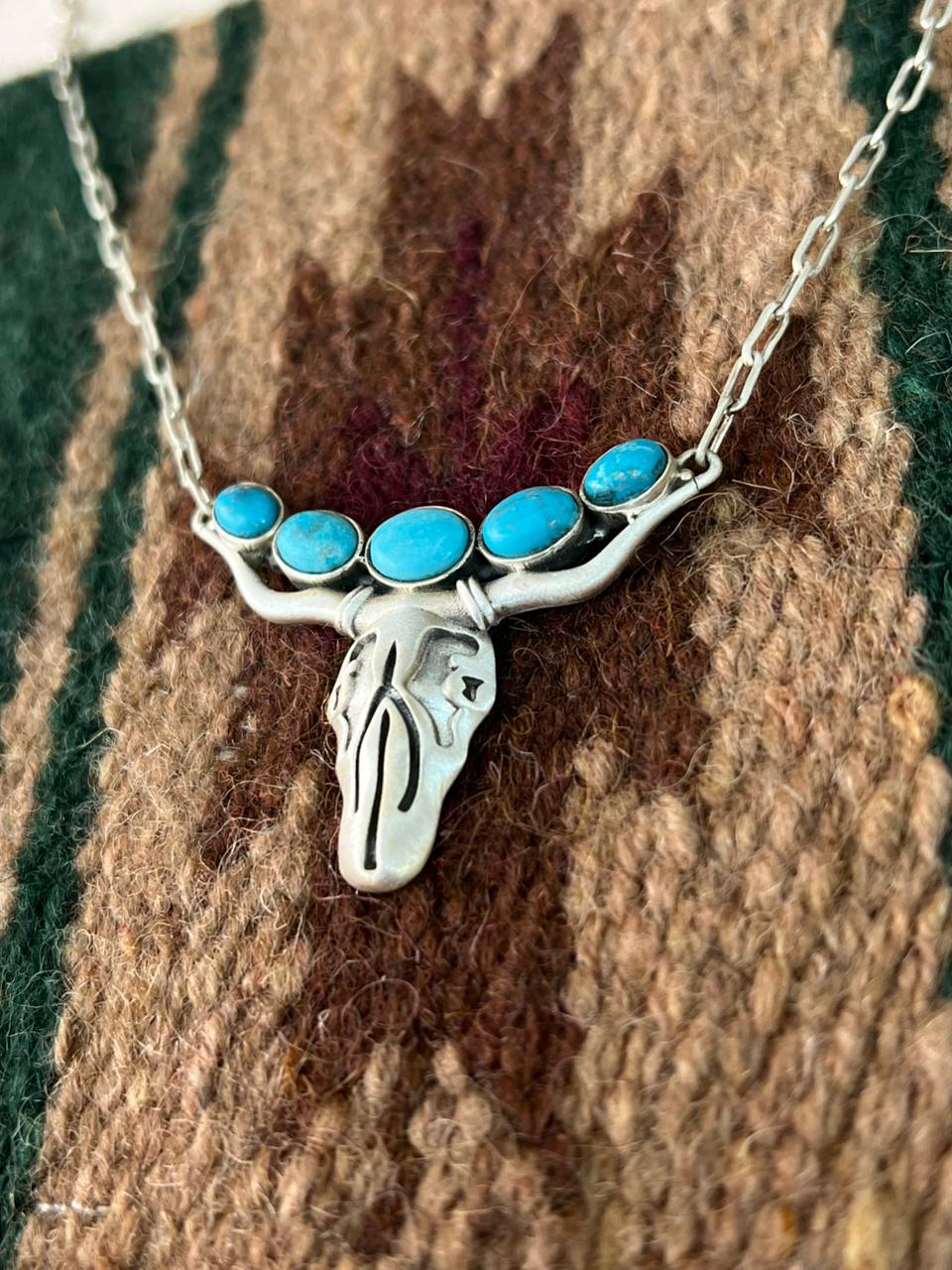 Handmade Sterling Silver Kingman Turquoise Bull Skull Necklace Signed Nizhoni