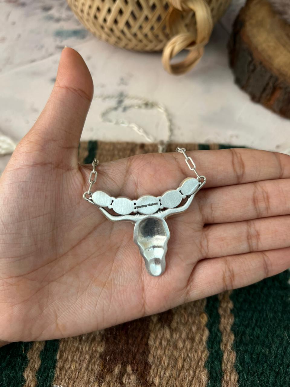 Handmade Sterling Silver Kingman Turquoise Bull Skull Necklace Signed Nizhoni