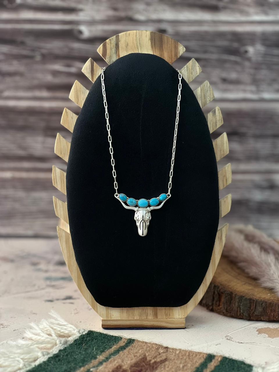 Handmade Sterling Silver Kingman Turquoise Bull Skull Necklace Signed Nizhoni