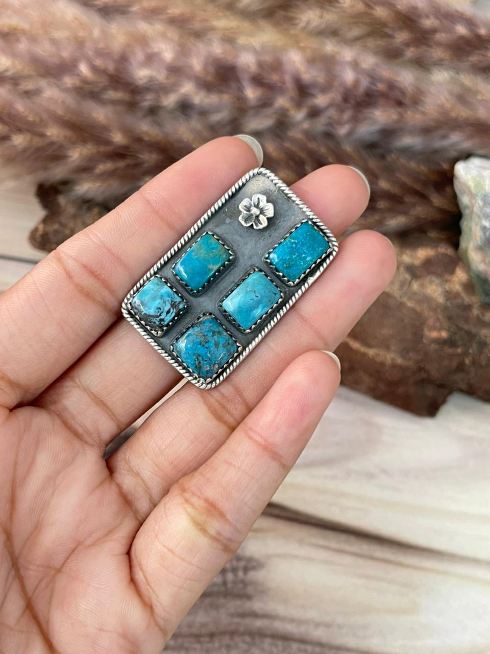 Handmade Sterling Silver Ithaca Peak Turquoise Adjustable Ring Signed Nizhoni