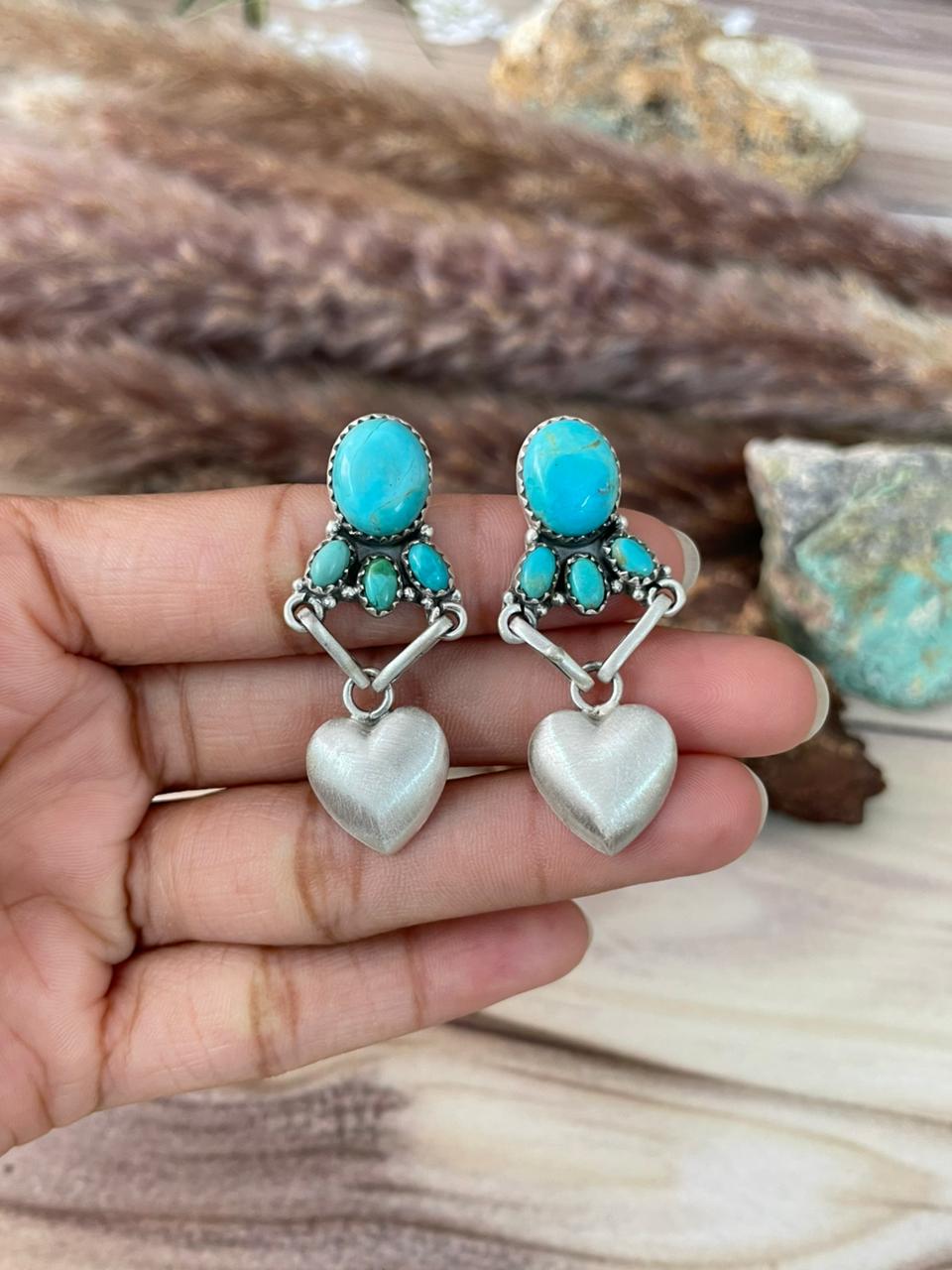 Handmade Sterling Silver Kingman Turquoise Post Dangle Earrings Signed Nizhoni