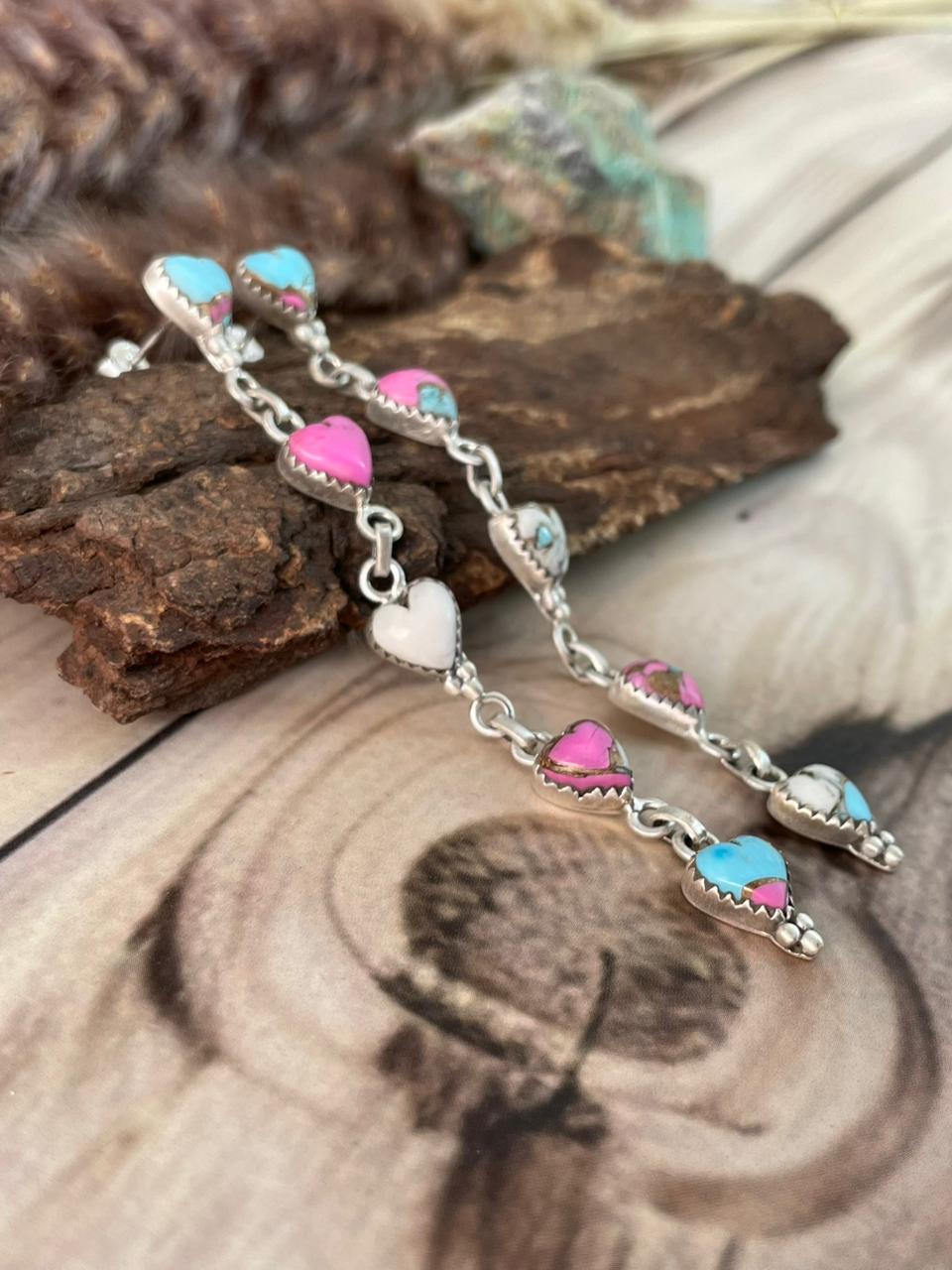 Handmade Sterling Silver Cotton Candy Post Dangle Heart Earrings Signed Nizhoni