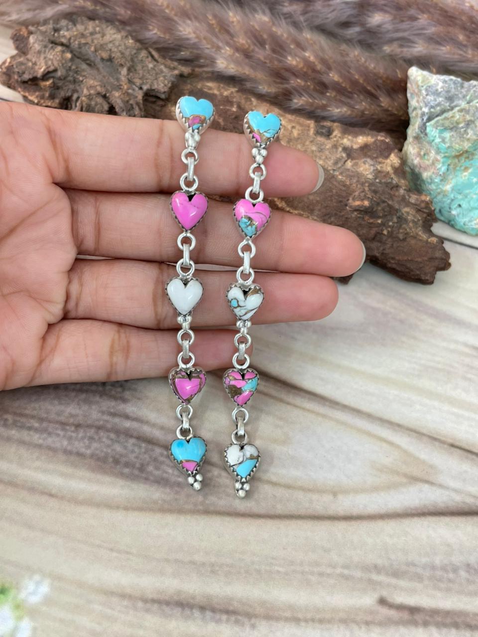 Handmade Sterling Silver Cotton Candy Post Dangle Heart Earrings Signed Nizhoni