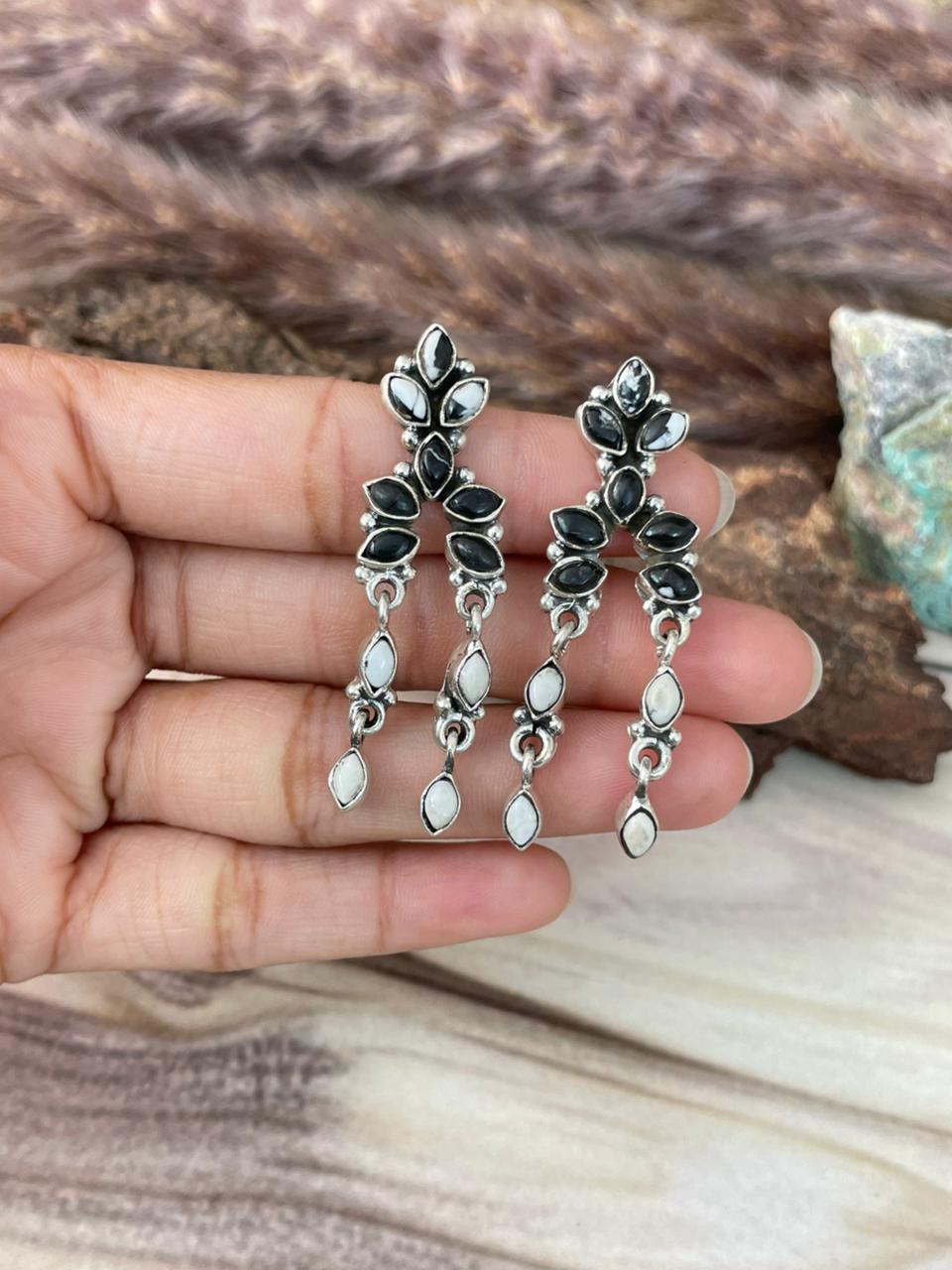 Handmade Sterling Silver White Buffalo Post Dangle Earrings Signed Nizhoni