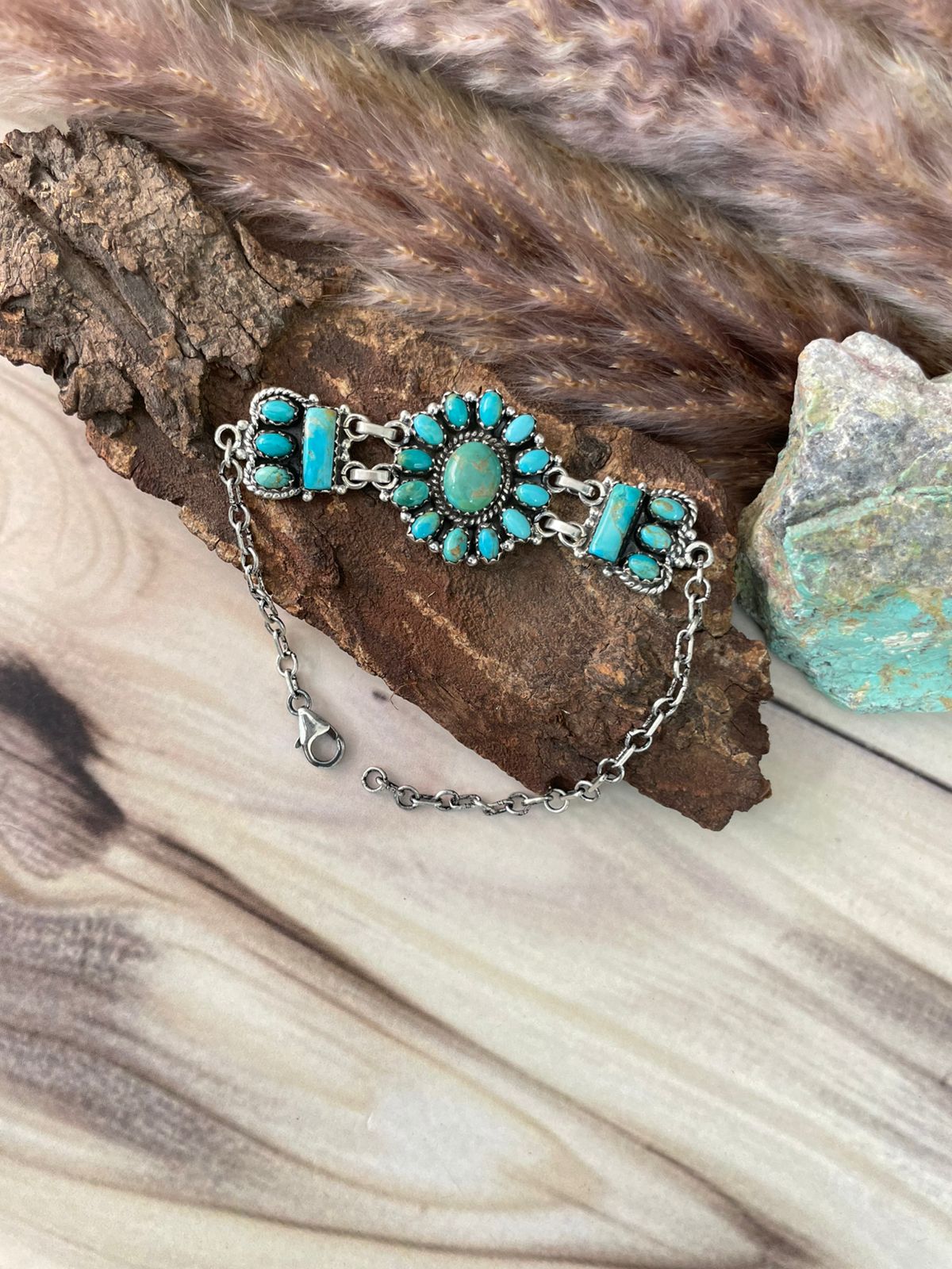 Handmade Sterling Silver Kingman Turquoise Chain Bracelet Signed Nizhoni