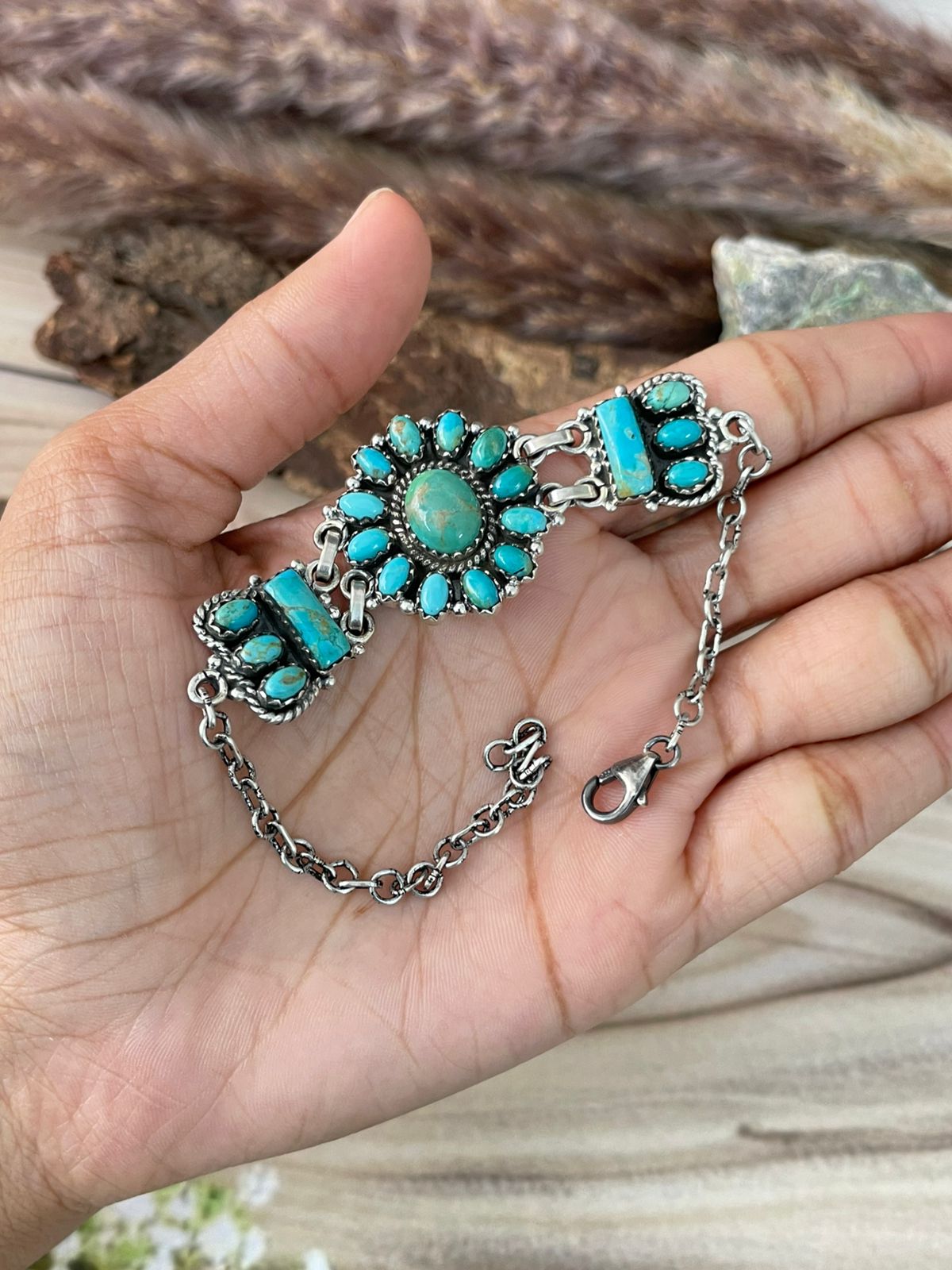 Handmade Sterling Silver Kingman Turquoise Chain Bracelet Signed Nizhoni