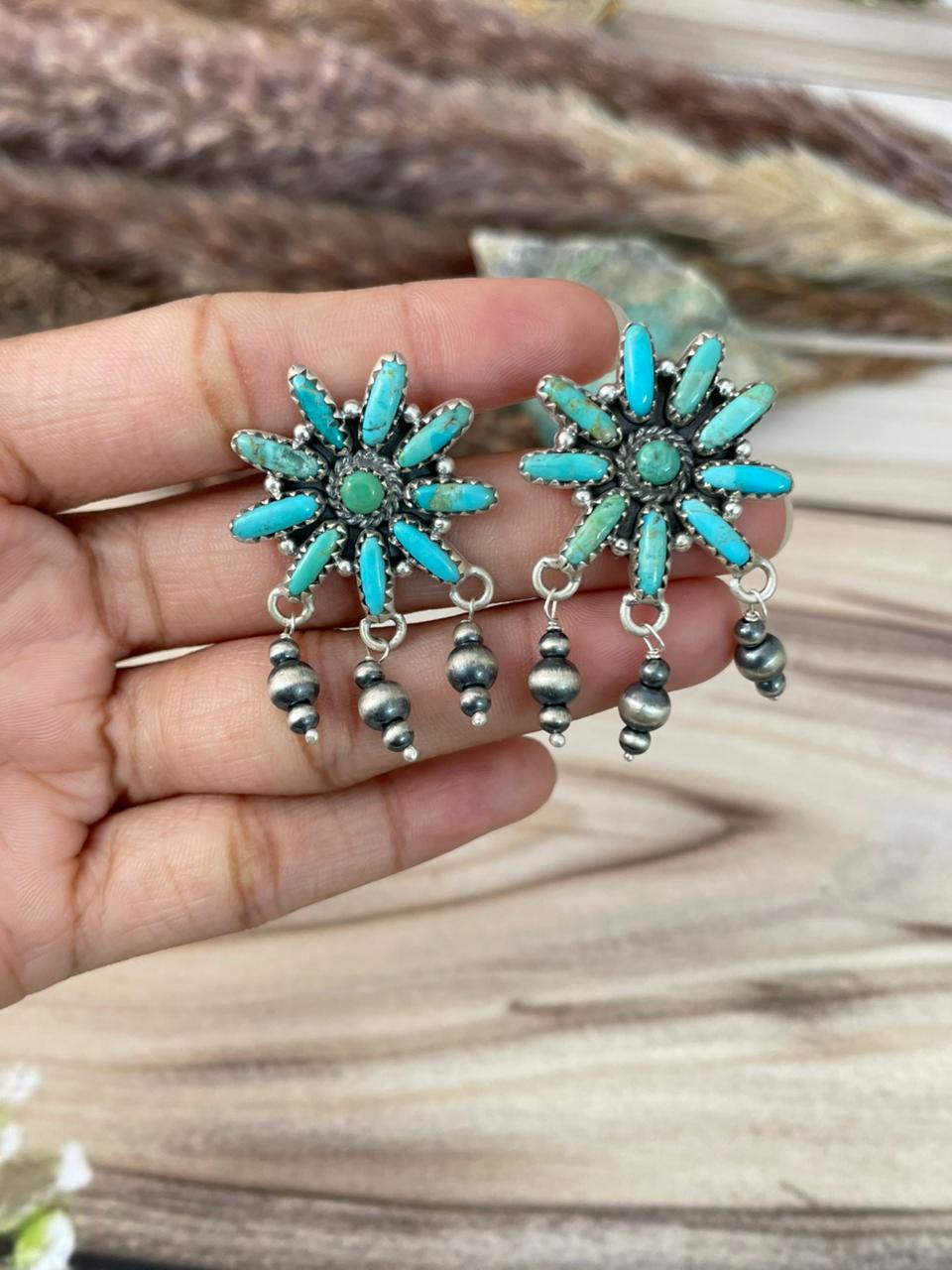 Handmade Sterling Silver Kingman Turquoise Post Dangle Beaded Earrings Signed Nizhoni