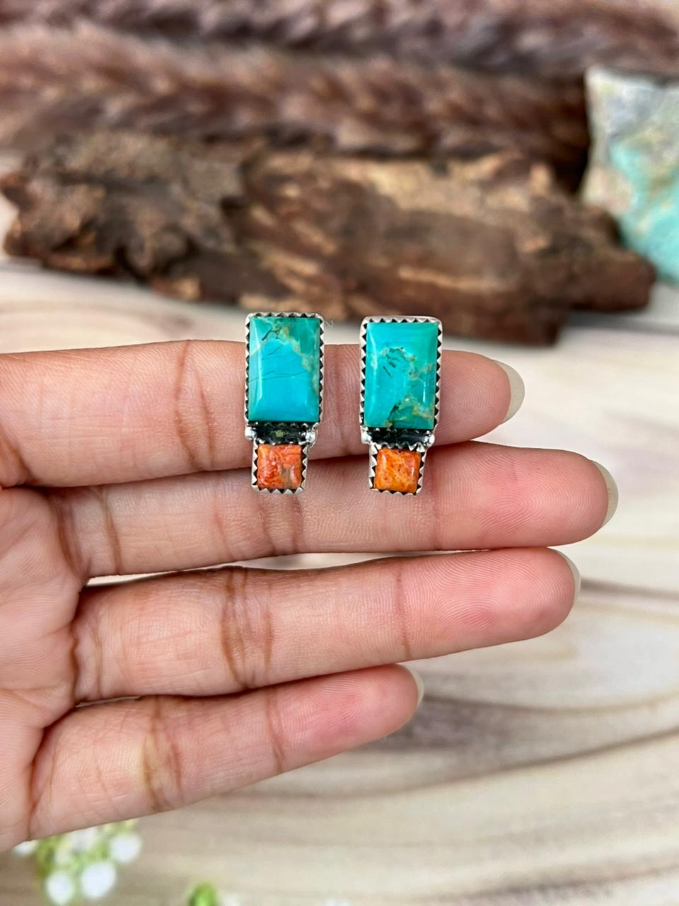 Handmade Sterling Silver Orange Mojave with Kingman Turquoise Post Studs Earrings Signed Nizhoni