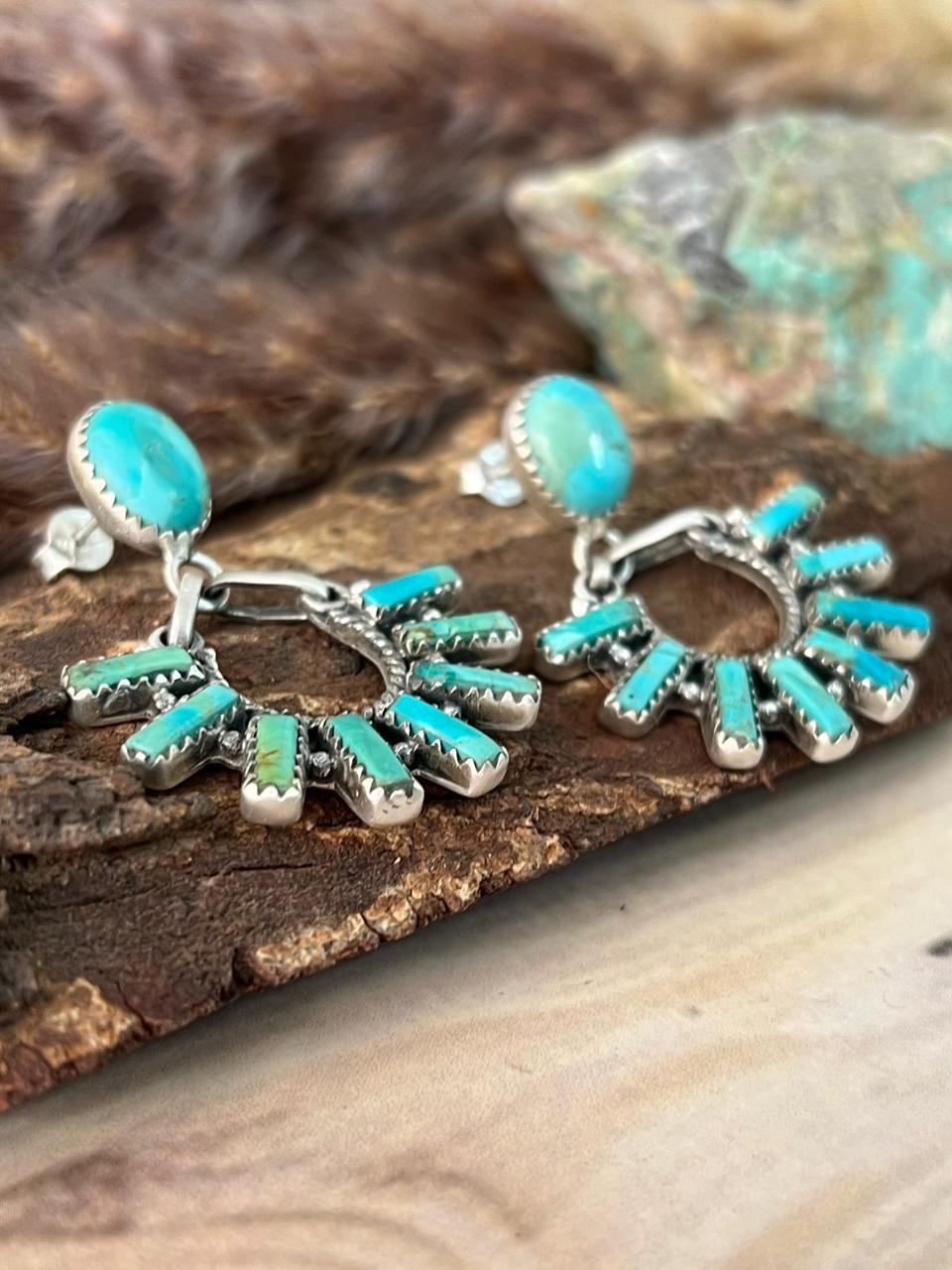 Handmade Sterling Silver Kingman Turquoise Post Dangle Earrings Signed Nizhoni