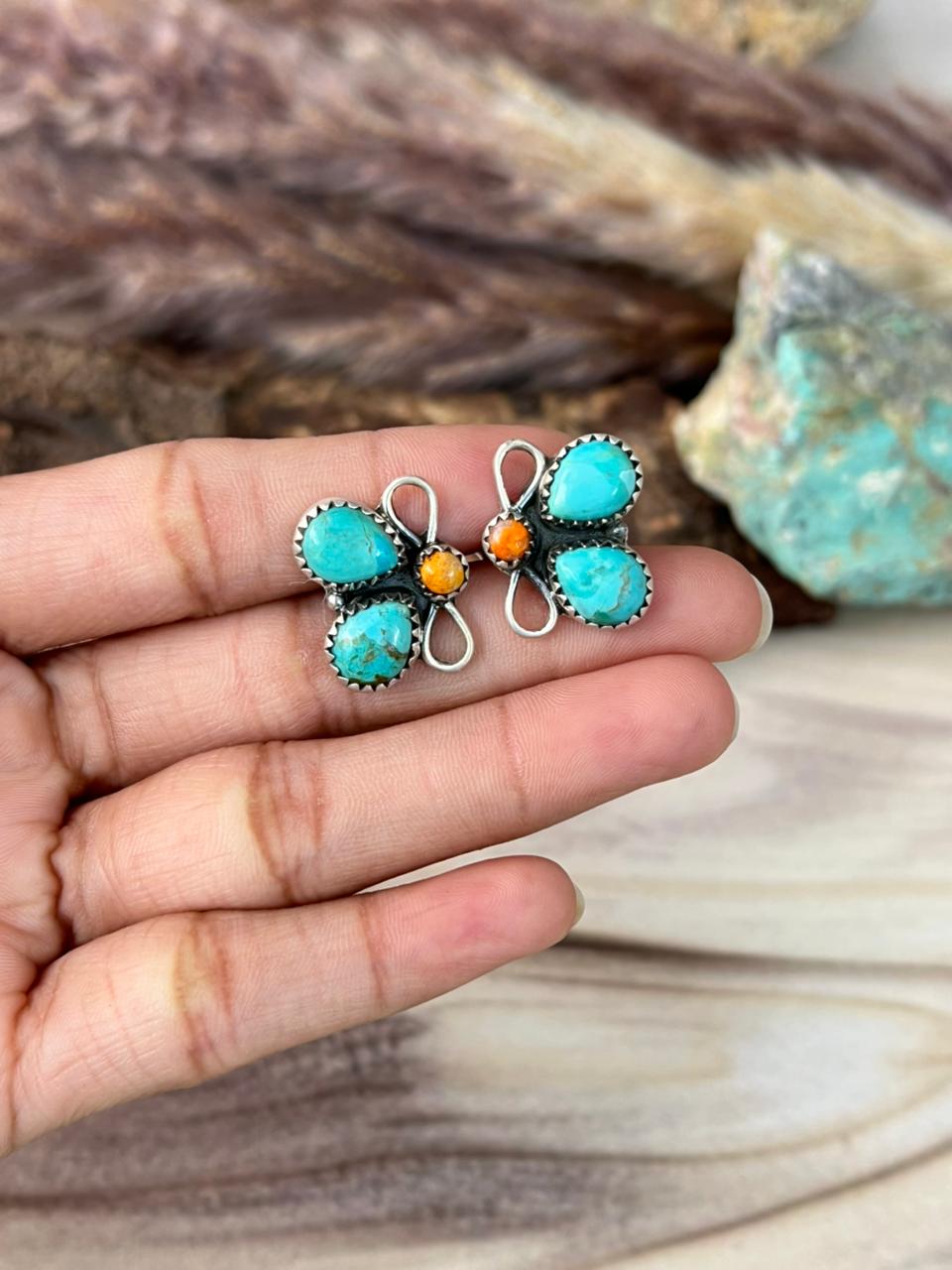 Handmade Sterling Silver Orange Mojave with Kingman Turquoise Post Studs Earrings Signed Nizhoni