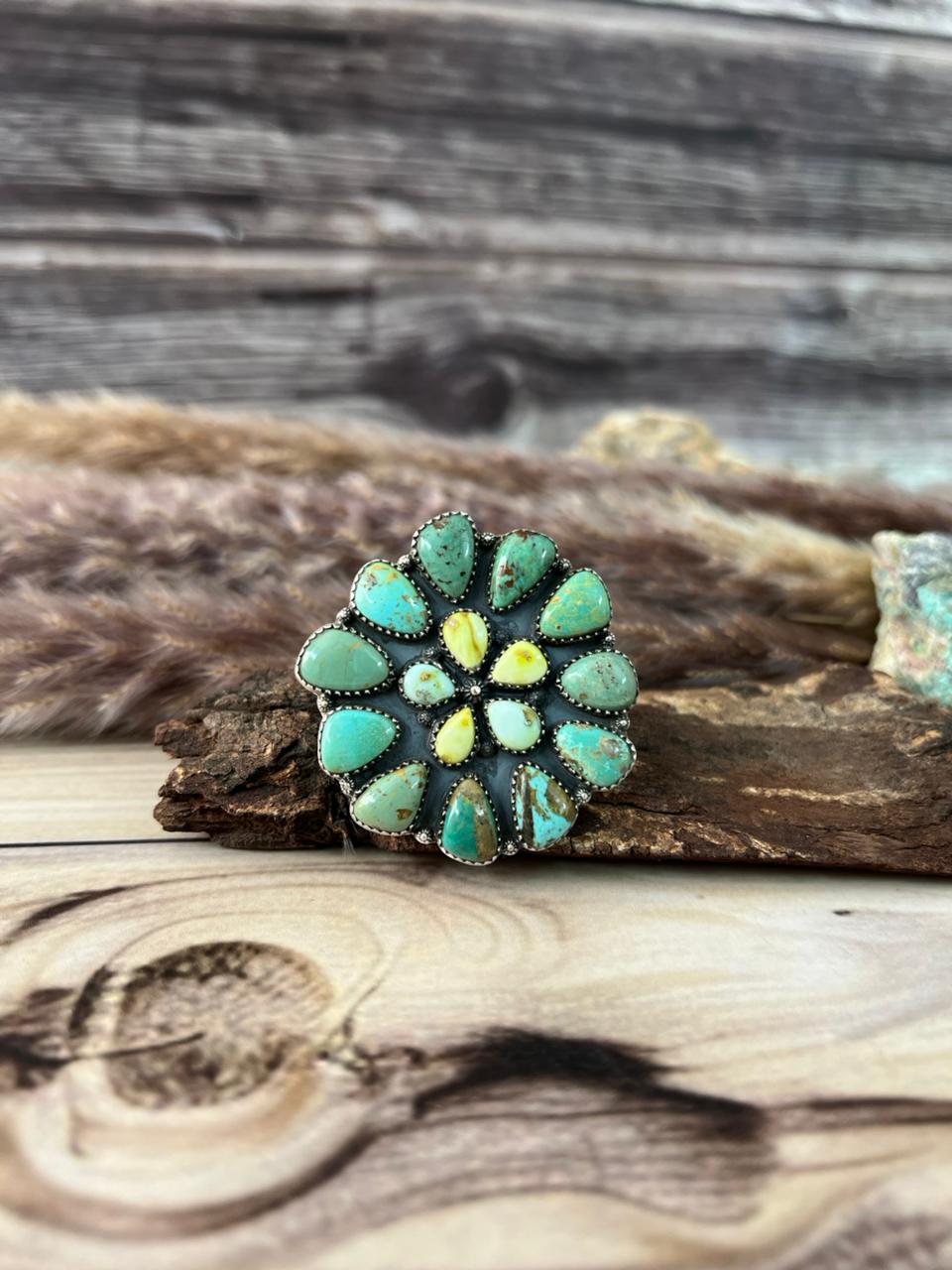 Handmade Sterling Silver Cripple Creek with Palomino Turquoise Adjustable Ring Signed Nizhoni
