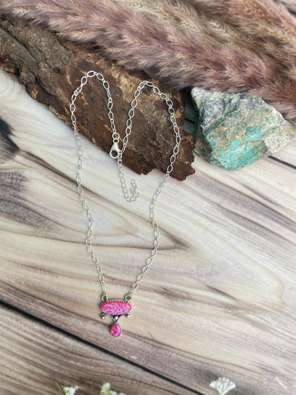 Handmade Sterling Silver Hot Pink Necklace Signed Nizhoni