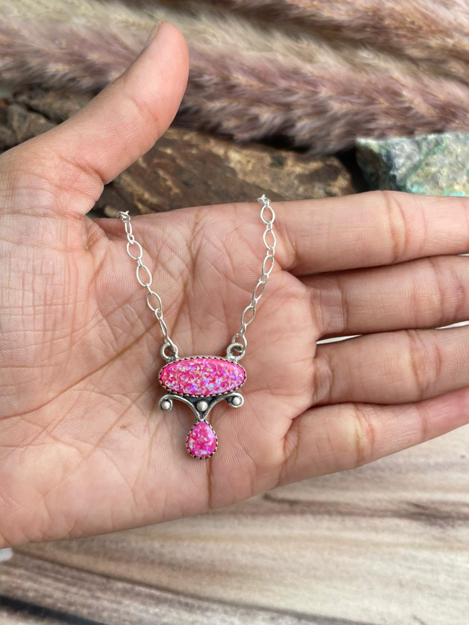 Handmade Sterling Silver Hot Pink Necklace Signed Nizhoni