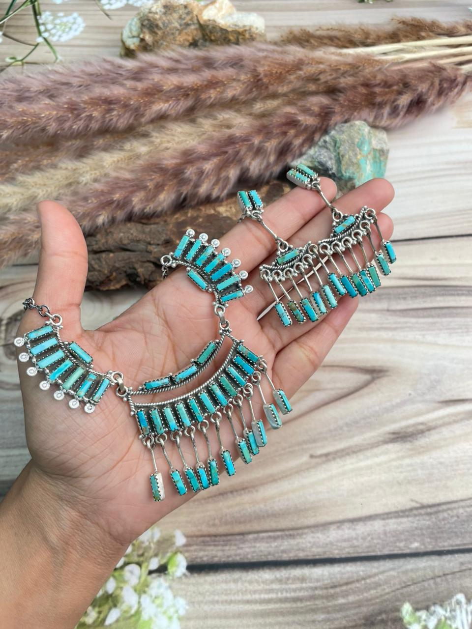 Handmade Sterling Silver Kingman Turquoise Necklace and Earrings Set Signed Nizhoni
