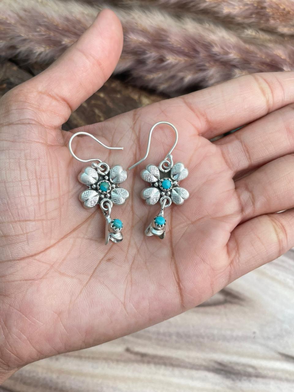 Handmade Sterling Silver Kingman Turquoise Hook Dangle Squash Blossom Earrings Signed Nizhoni