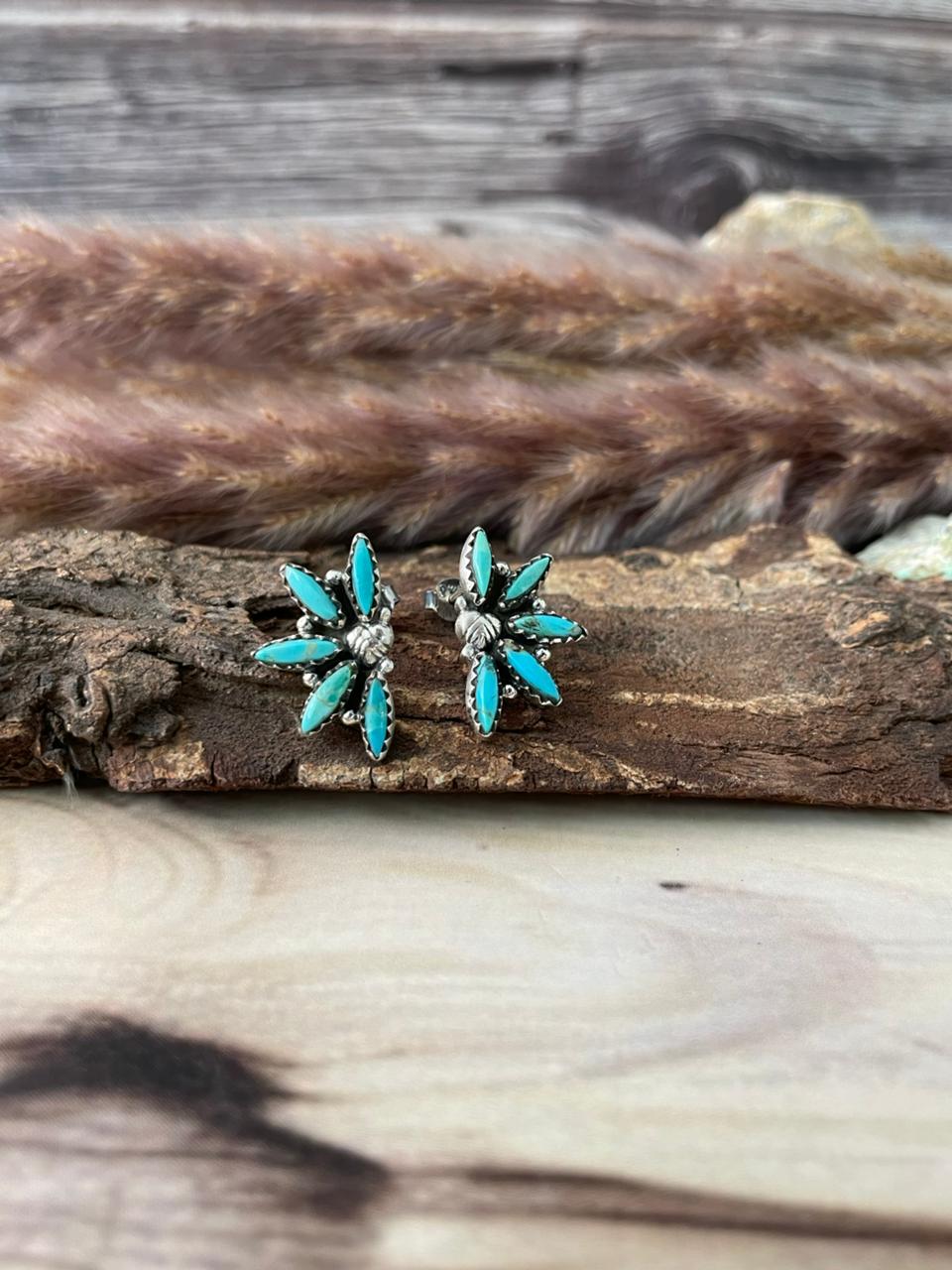 Handmade Sterling Silver Kingman Turquoise Post Studs Earrings Signed Nizhoni