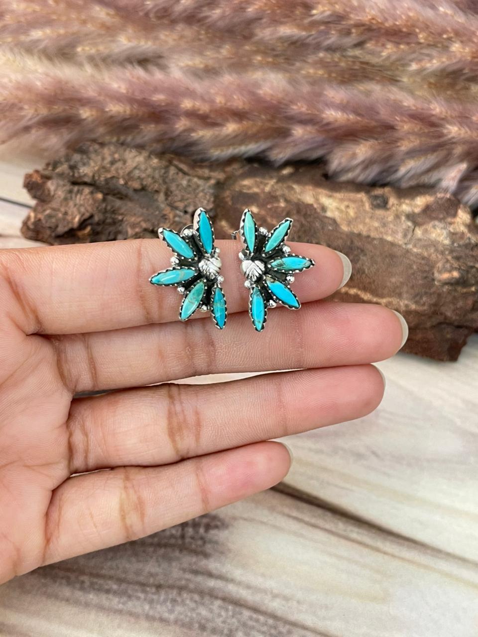 Handmade Sterling Silver Kingman Turquoise Post Studs Earrings Signed Nizhoni