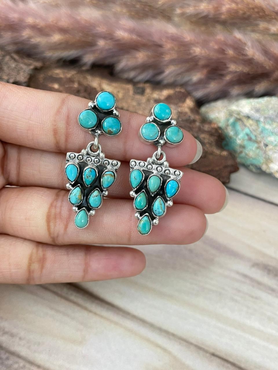 Handmade Sterling Silver Kingman Turquoise Post Dangle Earrings Signed Nizhoni
