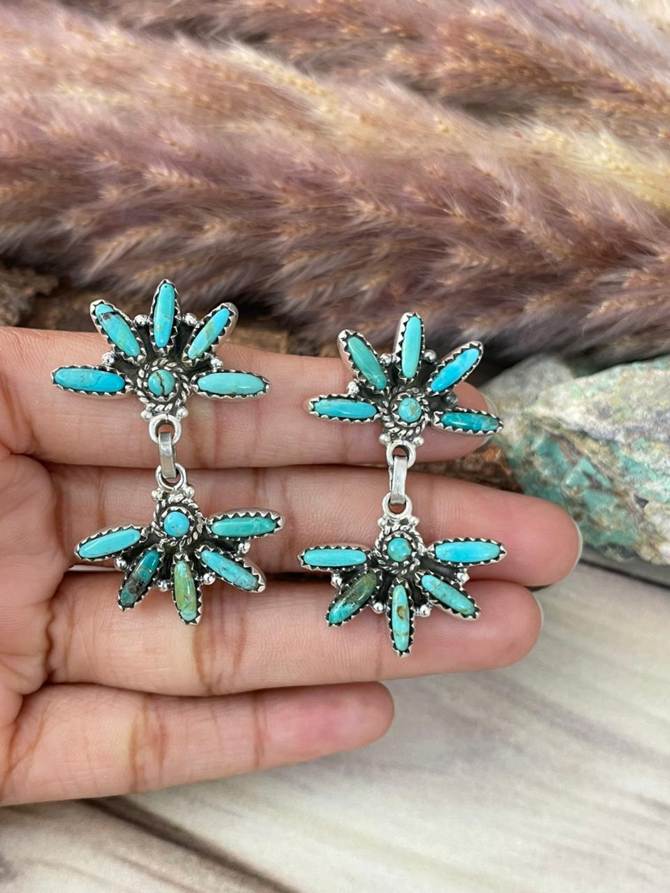 Handmade Sterling Silver Kingman Turquoise Post Dangle Earrings Signed Nizhoni