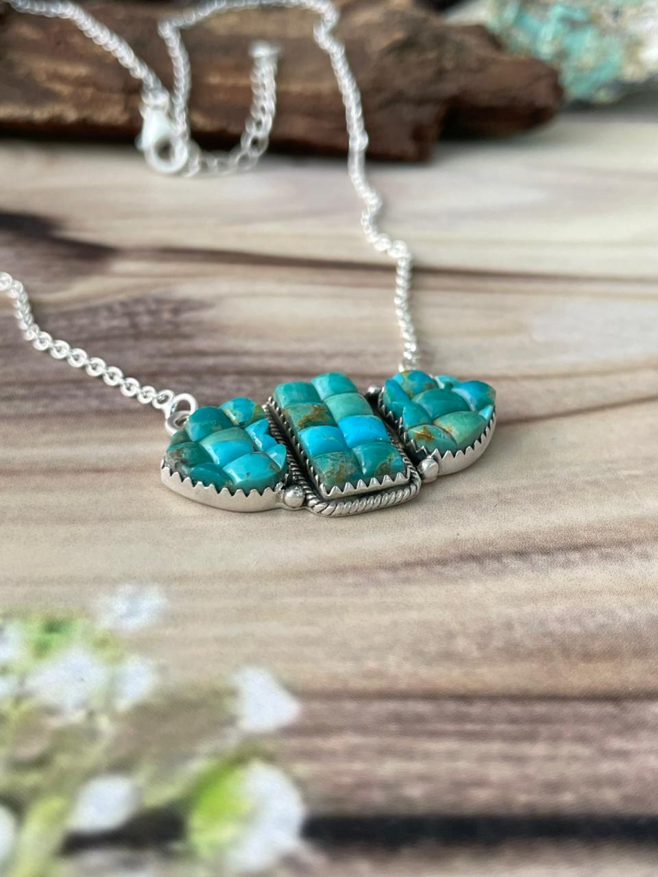 Handmade Sterling Silver Kingman Turquoise Cobble Stone Necklace Signed Nizhoni