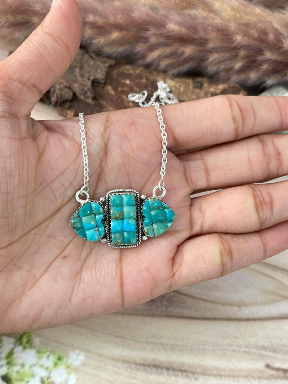 Handmade Sterling Silver Kingman Turquoise Cobble Stone Necklace Signed Nizhoni