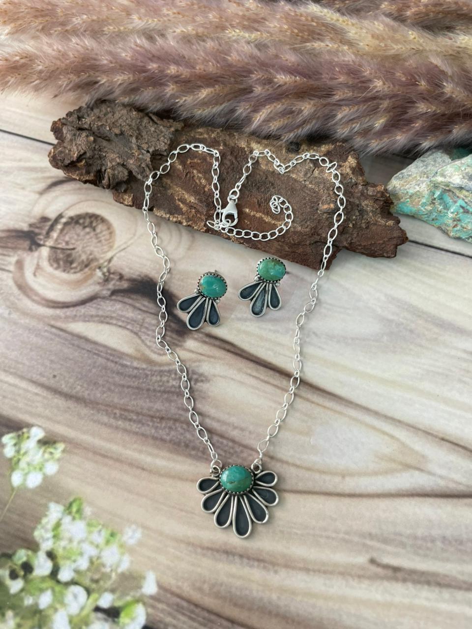 Handmade Sterling Silver Kingman Turquoise Necklace and Earrings Set Signed Nizhoni