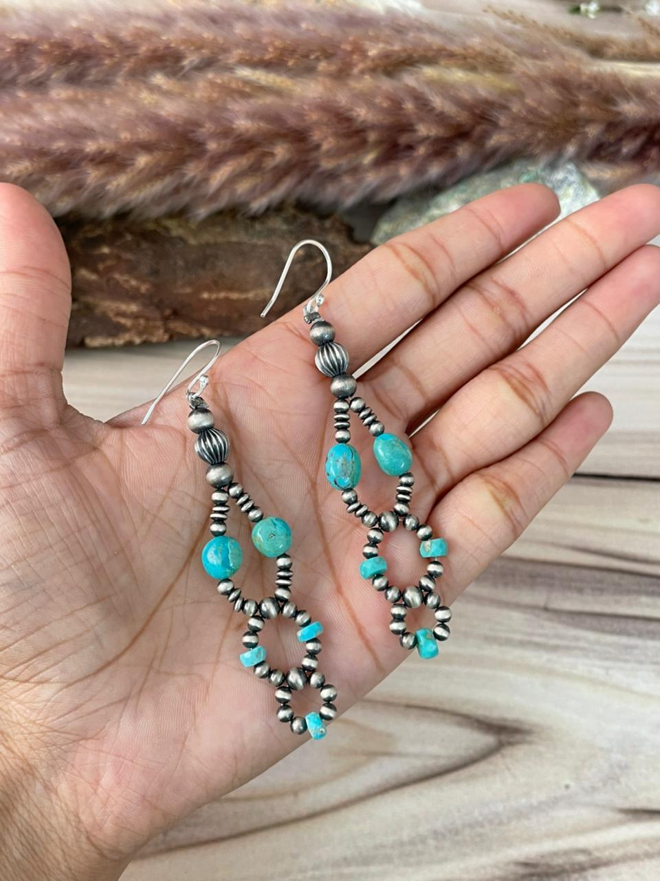 Handmade Sterling Silver Kingman Turquoise Hook Dangle Beaded Earrings