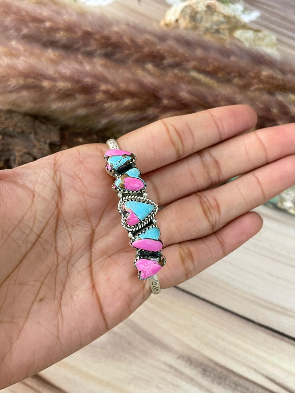 Handmade Sterling Silver Cotton Candy Cuff Heart Bracelet Signed Nizhoni