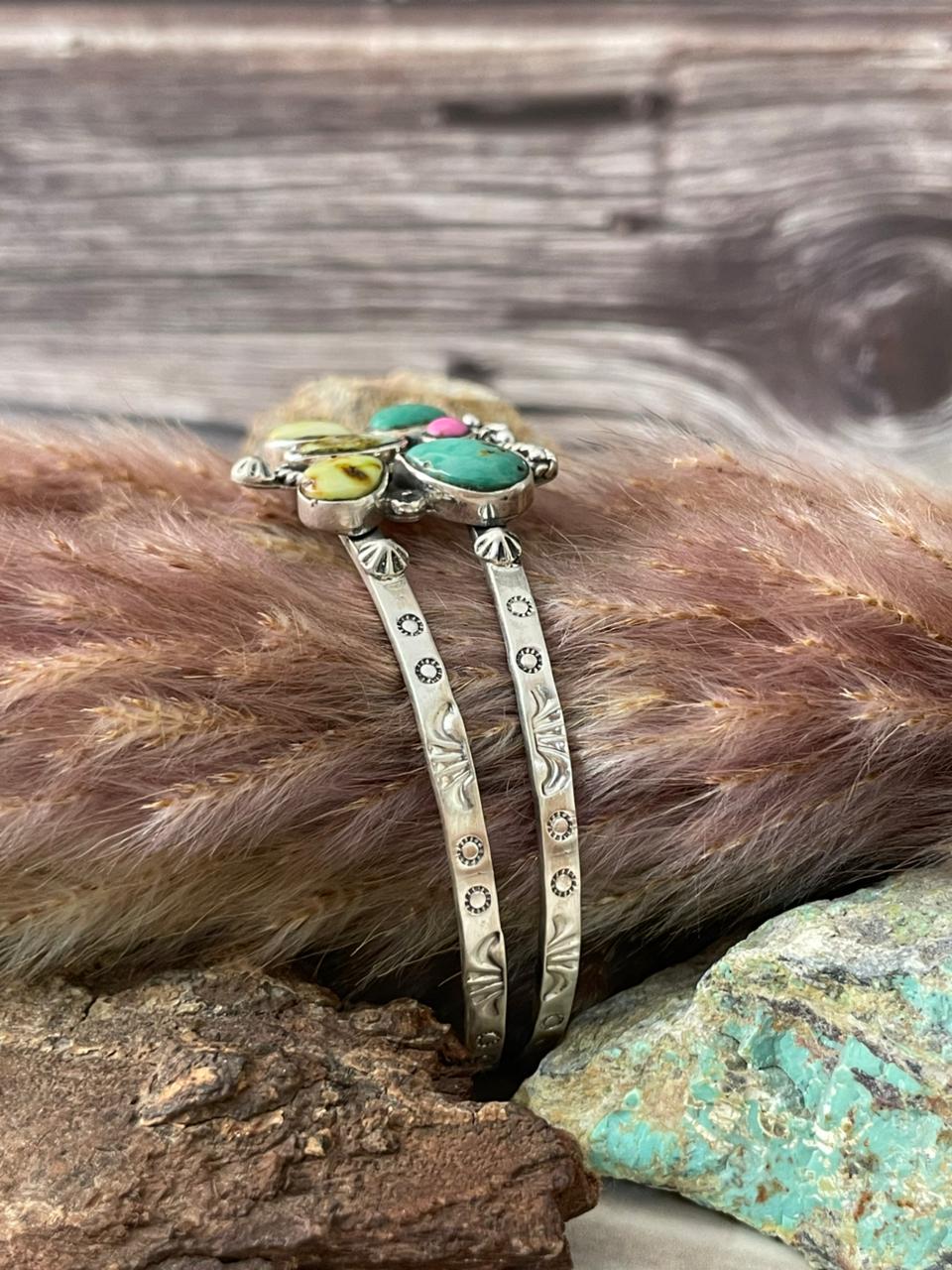 Handmade Sterling Silver Carico Lake with Cotton Candy and Palomino Turquoise Butterfly Cuff Bracelet Signed Nizhoni