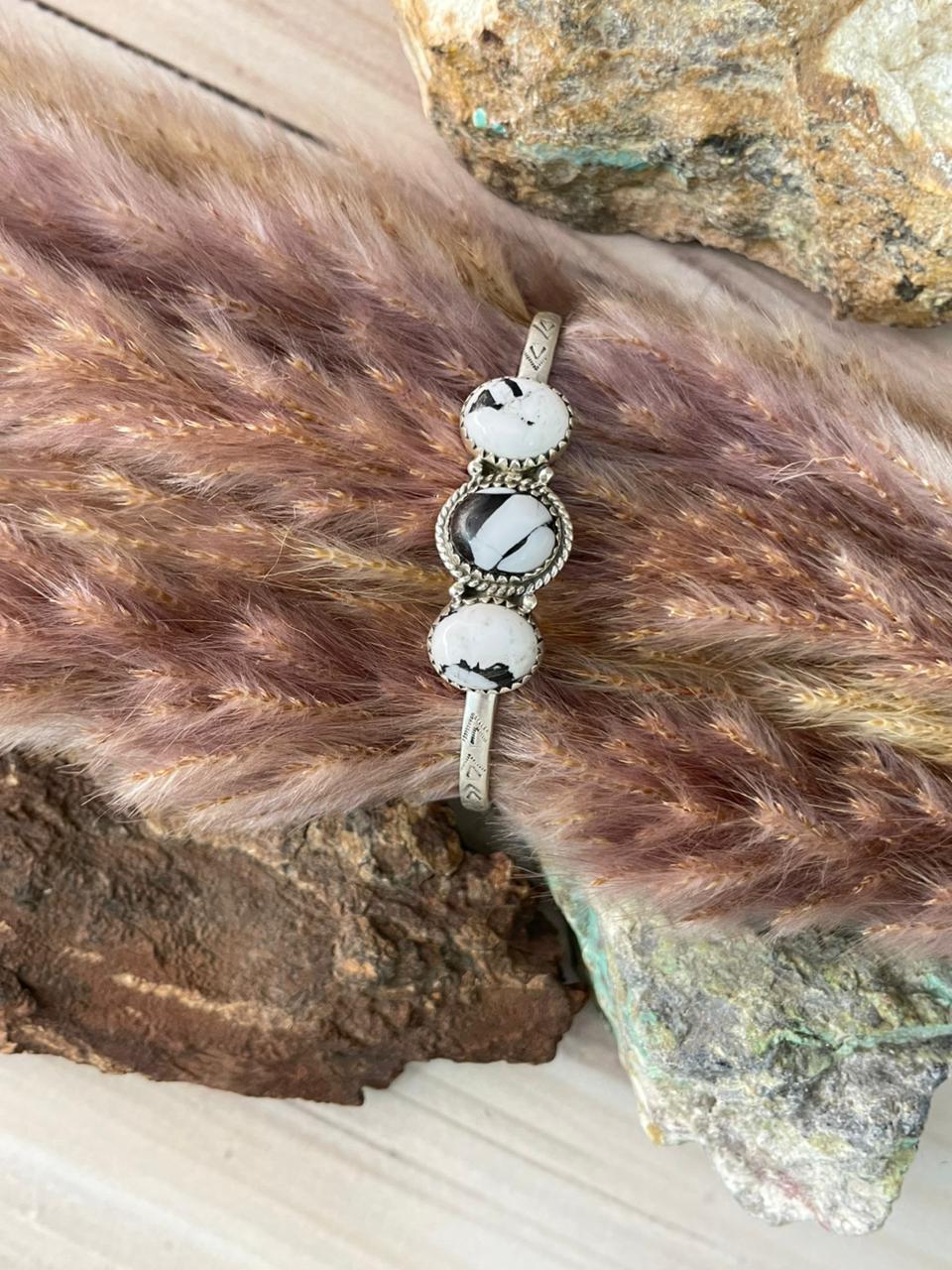 Handmade Sterling Silver White Buffalo Cuff Bracelet Signed Nizhoni