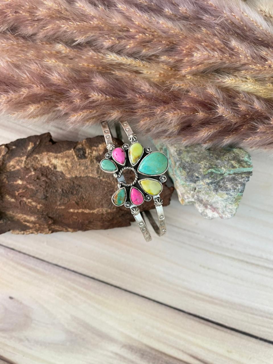 Handmade Sterling Silver Carico Lake with Cotton Candy and Palomino Turquoise Naja Cuff Bracelet Signed Nizhoni