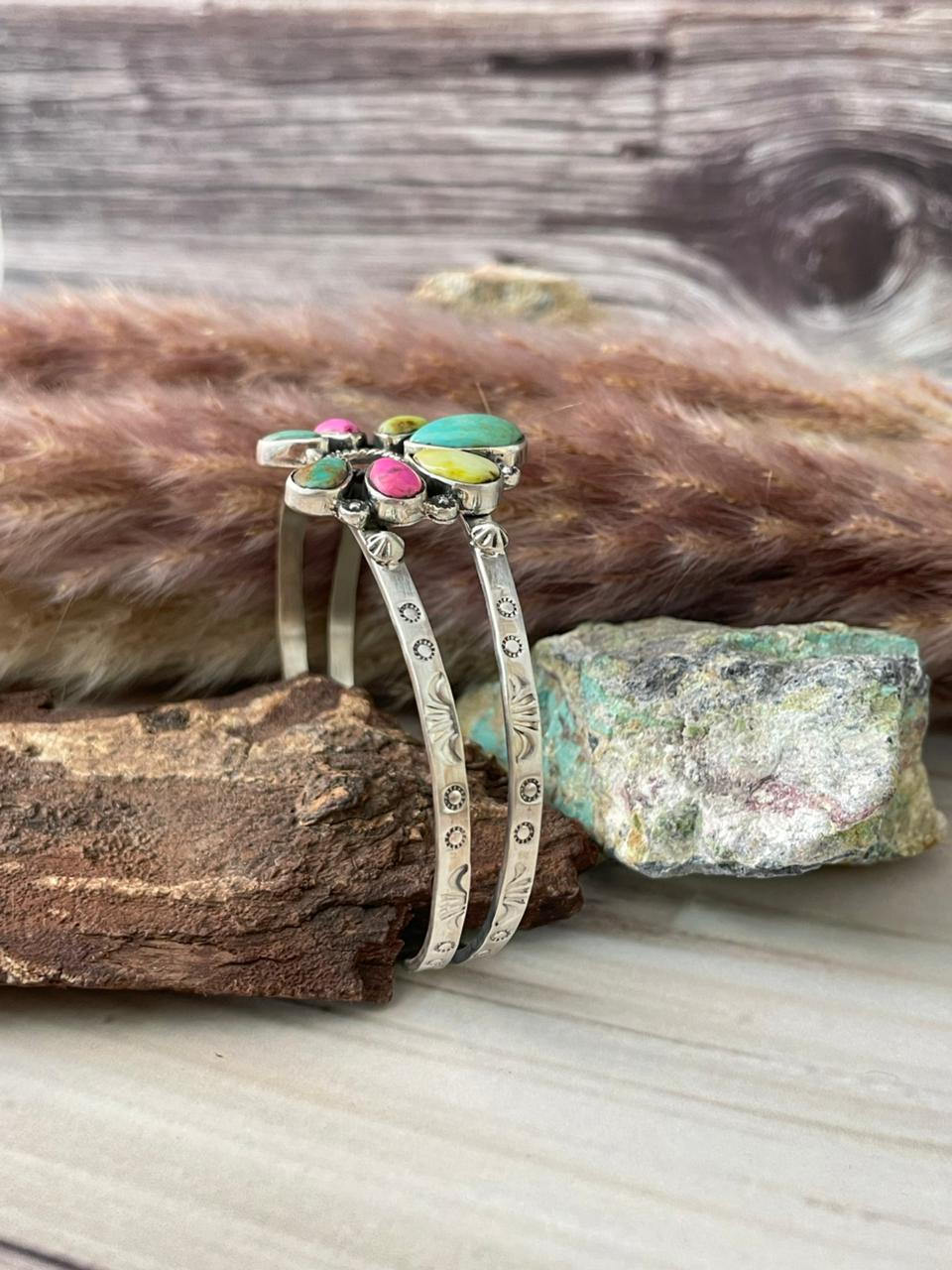 Handmade Sterling Silver Carico Lake with Cotton Candy and Palomino Turquoise Naja Cuff Bracelet Signed Nizhoni