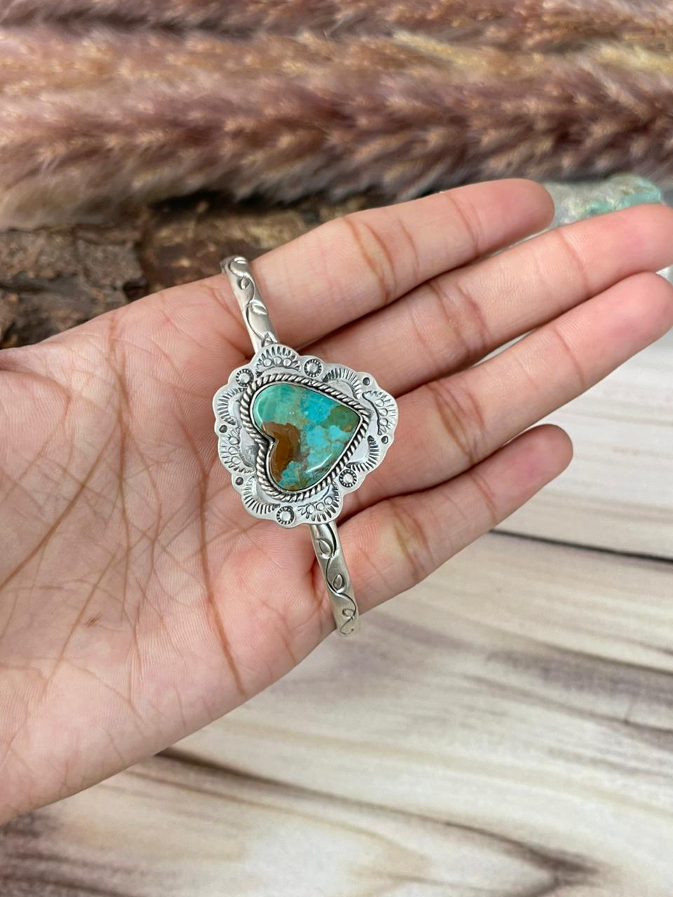 Handmade Sterling Silver Kingman Turquoise Heart Cuff Bracelet Signed Nizhoni
