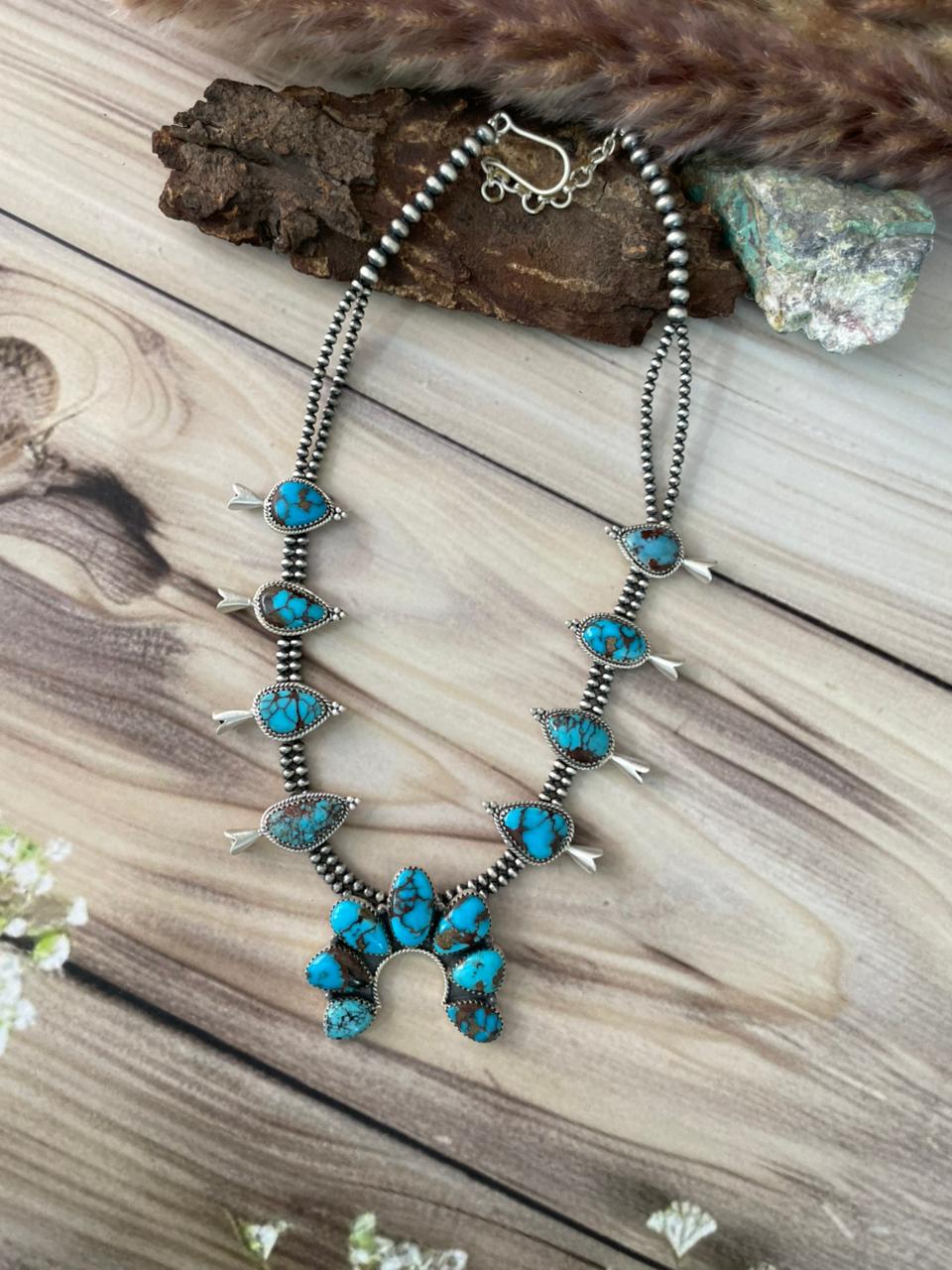 Handmade Sterling Silver Egyptian Turquoise Beaded Naja Squash Blossom Necklace Signed Nizhoni