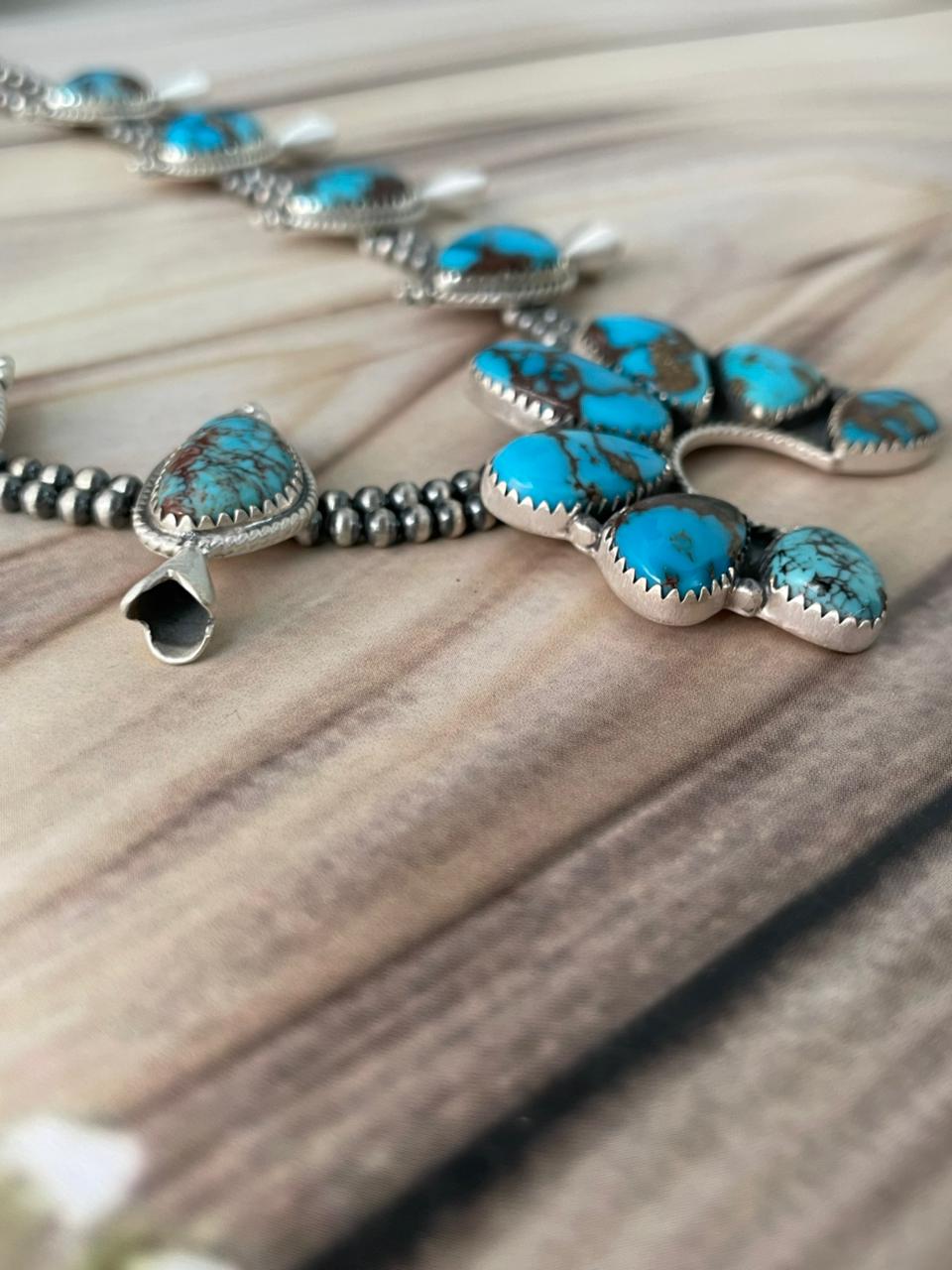 Handmade Sterling Silver Egyptian Turquoise Beaded Naja Squash Blossom Necklace Signed Nizhoni