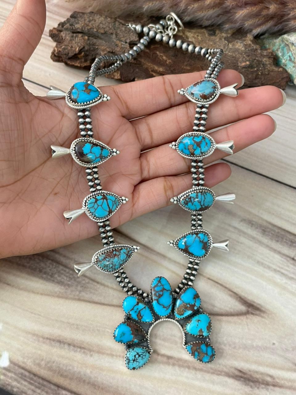 Handmade Sterling Silver Egyptian Turquoise Beaded Naja Squash Blossom Necklace Signed Nizhoni